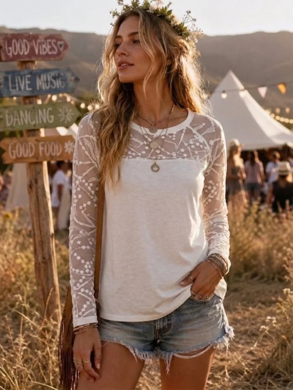Free People White Ethereal Dainty Embroidered Lace Long Sleeve Top Medium